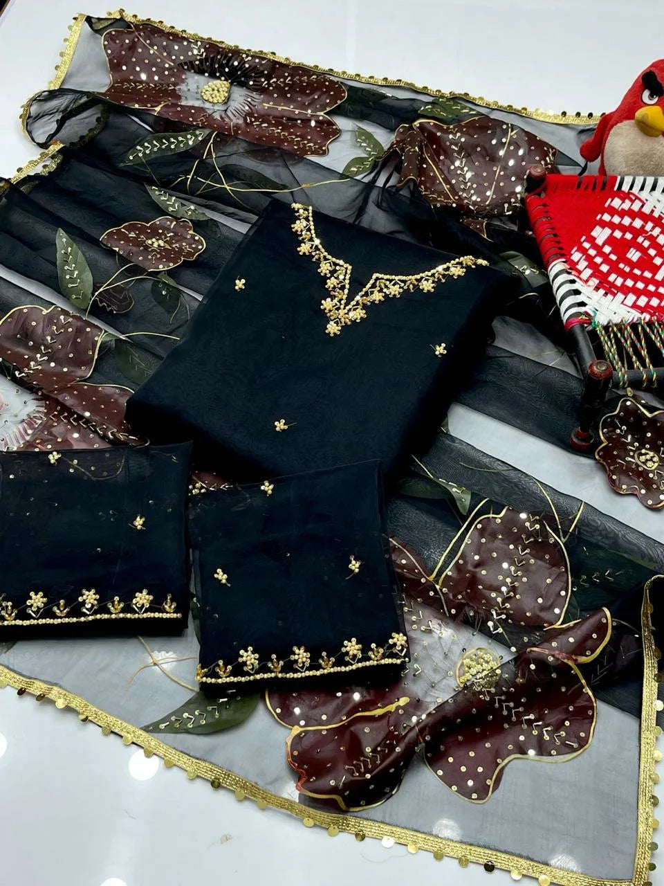 Organza hand brush 3 pc unstitched  - Premium Quality Fabric - Kamran Suiting